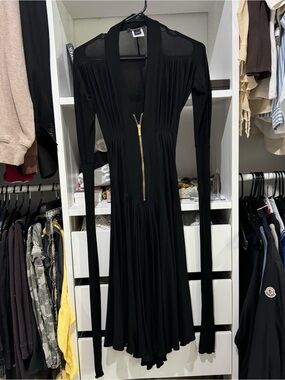 Roberto Cavalli Black Long-Sleeve Zip-Front Midi Dress with Gold Zipper